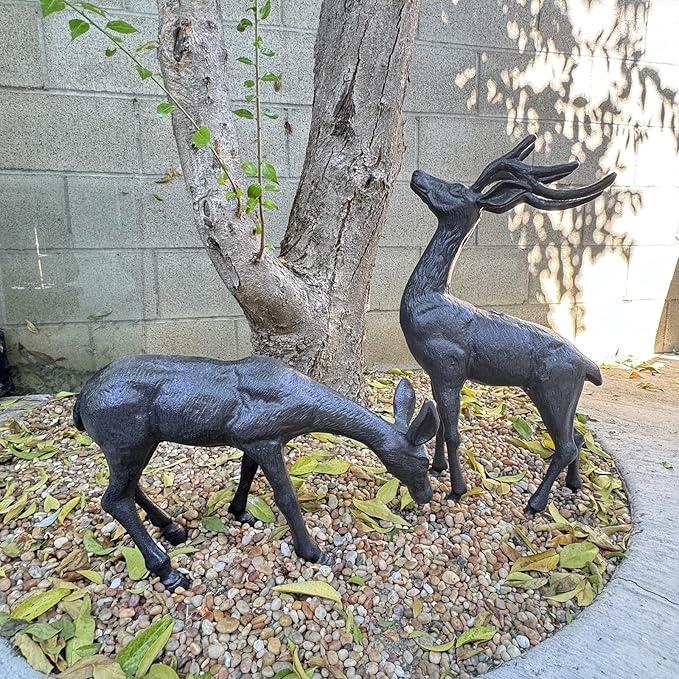 Elegant Pair of Cast Iron Deer Sculptures -22" and 11.4" Tall Male and Female Set for Outdoor Garden Decor, Realistic Animal Statues HC3672-5691