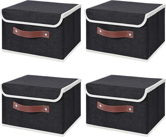 ANMINY 4PCS Storage Bins with Lid PU Leather Handles Storage Boxes PP Plastic Board Decorative Foldable Lidded Cotton Linen Fabric Home Cubes Baskets Closet Organizer Containers - Black, Small Size