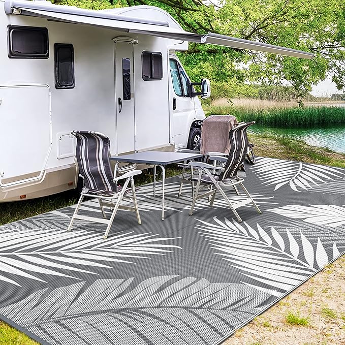 GENIMO Outdoor Rug 9' x 18' Waterproof for Patios Clearance, Reversible, Plastic Straw Camping Rug Carpet, Large Area Rugs Mats for RV, Picnic, Backyard, Deck, Balcony, Porch, Beach, Grey&White