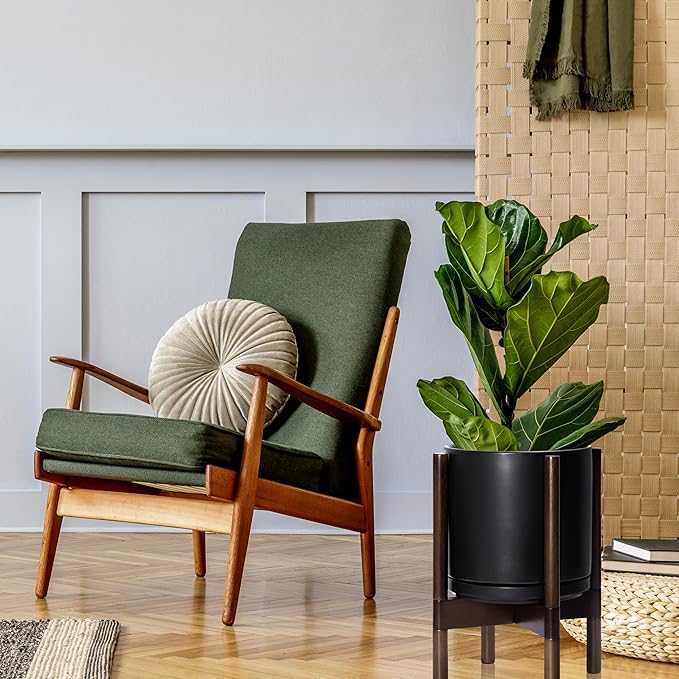 D'vine Dev Ceramic Planter with Walnut Color Stand - 10 Inch Modern Round Flower Pot with Wood Planter Holder, Black, 55-B-X-2