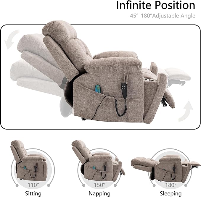 Dual Motor Power Lift Chair Recliners, 180°Lay Flat Sleeping Recliner Chairs for Elderly with Heat Massage, Spacious Seat, Cup Holders, Side Pockets, Lumbar Pillow, Up to 400LBS