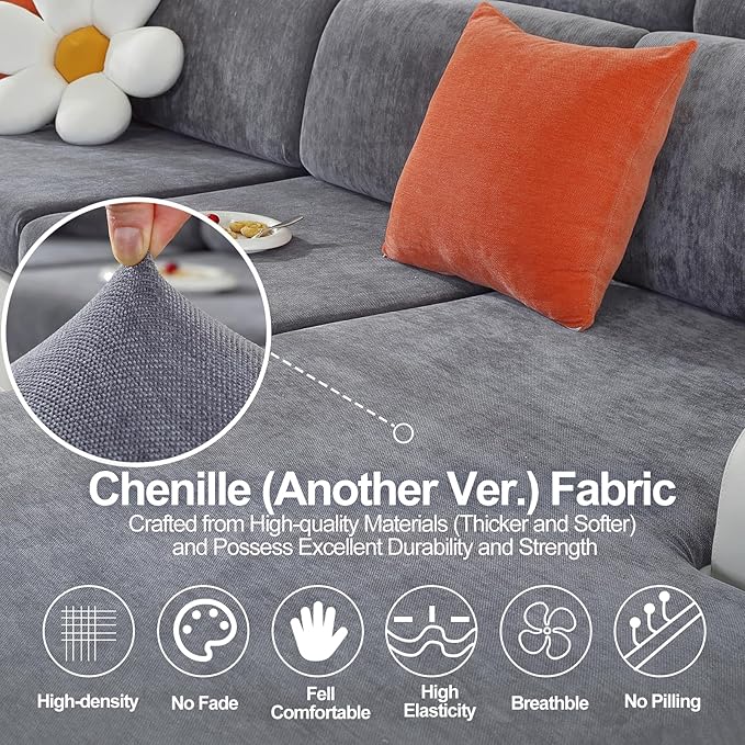 Couch Cushion Covers for L Shaped Sectional Sofa – Softer Chenille Sofa Covers Washable, Non-Slip Stretch Couch Covers & Individual Seat Cushion Slipcovers (2 Piece, Dark Grey)