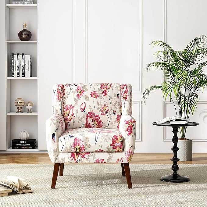 UIXE Floral Accent Chair, Modern Upholstered Armchair in Fabric for Living Room, Comfy Club Arm Chairs Single Sofa Button Tufted Bedroom Reading Seat - Pattern White, Set of 4