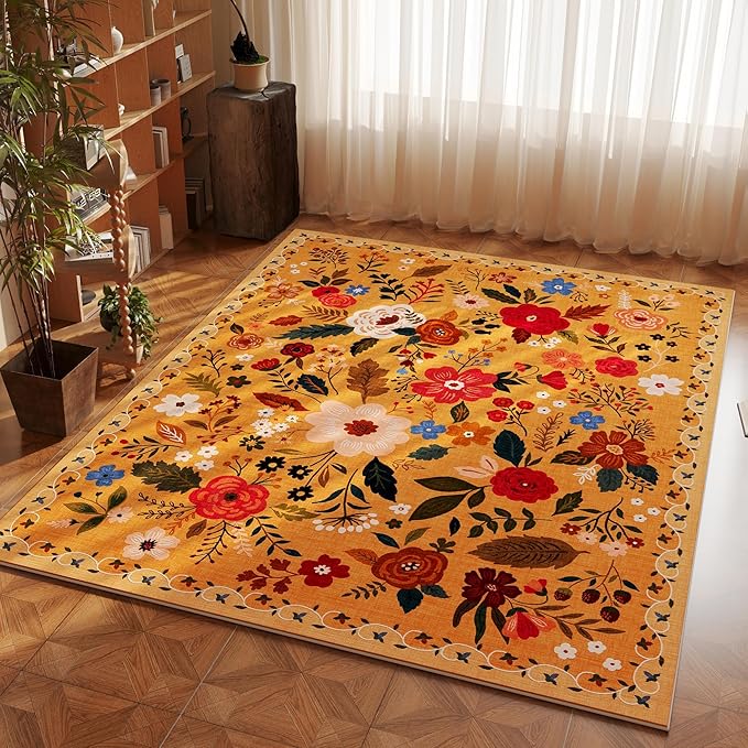 Bedroom Rug 3x5 Rug Washable Area Rug Non Slip Low Pile Boho Floral Small Carpet for Bedroom, Bedside, Kitchen, Entryway, Kids Room, Office, College Dorm Essentials for Girls(Yellow)