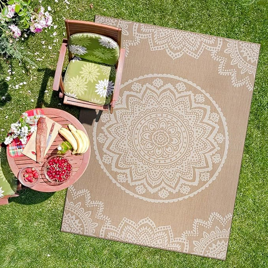 CAMILSON Outdoor Rug 8x10 Modern Area Rugs for Indoor and Outdoor Patios and Porches - Waterproof, Washable, Non-Shedding, Easy-to-Clean Outside Carpet (8 x 10, Medallion - Beige/White)