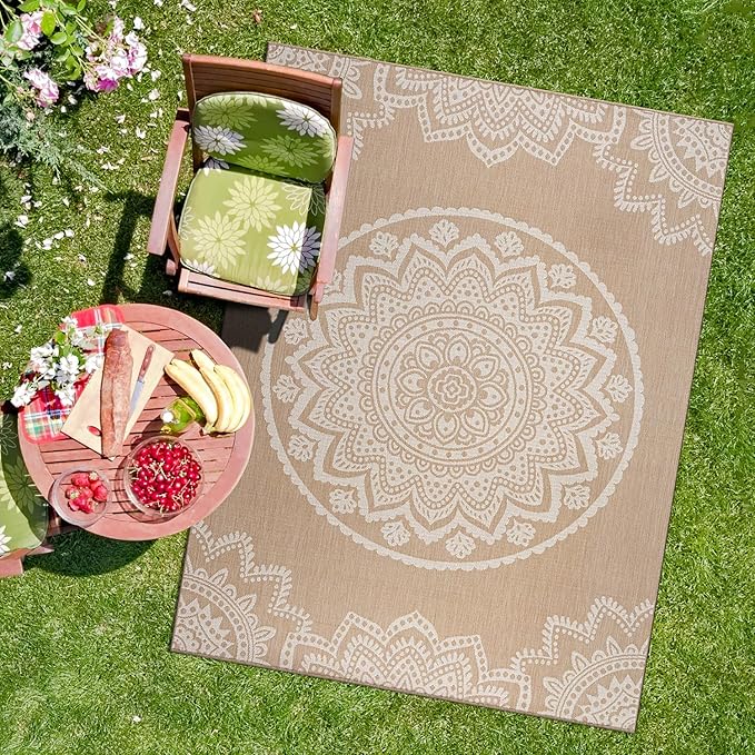 CAMILSON Outdoor Rug 5x7 Modern Area Rugs for Indoor and Outdoor Patios and Porches - Waterproof, Washable, Non-Shedding, Easy-to-Clean Outside Carpet (5 x 7, Medallion - Beige/White)