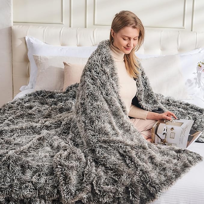 GONAAP Fuzzy Faux Fur Throw Blanket Twin Size Frosty Black Super Soft Cozy Plush Fuzzy Shaggy Blanket for Couch Sofa Bed (Frosty Black, Twin(60"x80"))