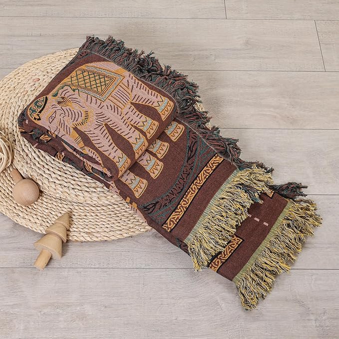 Boho Throw Blanket for Bed with Tassels,100% Cotton Ultra Soft and Cozy Large Blanket Elephant Printed Farmhouse Decor Bed Blankets,80"×90" All Season Rustic Throw for Sofa Couch Chair-Brown