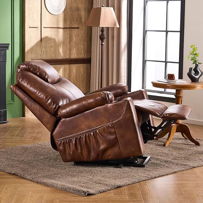 SALOHZA Power Lift Recliner Chair for Elderly with Massage and Heat for Living Room, Electric Recliner Chair for Adults with USB/Type C Port/Cup Holders, PU Faux Leather, Light Brown
