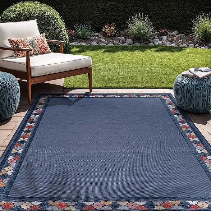 Beverly Rug Outdoor Rug 6x9 Modern Bordered Area Rugs for Indoor and Outdoor Patio Easy to Clean Non Shedding Living Room Porch Garden Washable Outside Carpet (6 x 9 Blue)