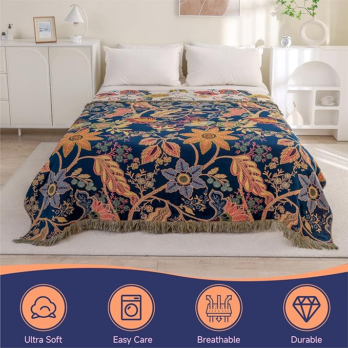 Boho Large Throw Blanket for Bed -100% Cotton Colorful Bed Throw, Ultra Soft Farmhouse Decor Bedding,80" x 90" Travel Blanket Rustic Throw for Picnic Sofa Couch Chair White&Blue