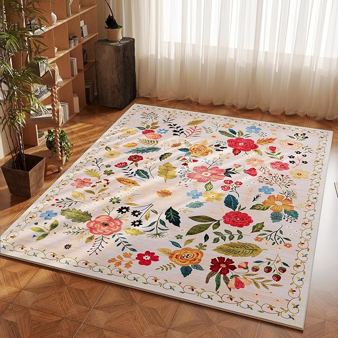 Area Rug 4x6 Rug Washable Boho Rugs Non Slip Low Pile Floral Small Carpet for Bedroom, Bedside, Kids Room, Office, Dining Room(Beige)