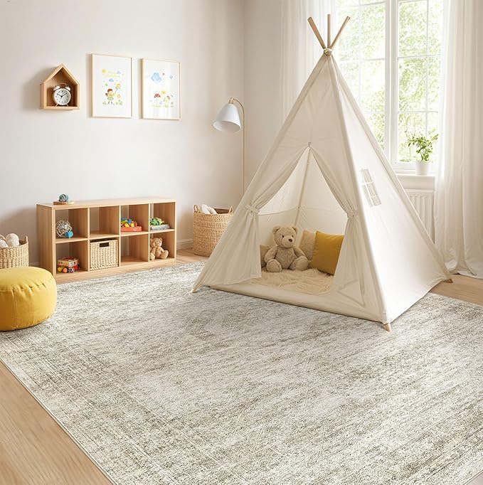 Washable Area Rugs for Living Room -9x12 Neutral Vintage Distressed Floral Farmhouse Boho Large Soft Floor Rug Indoor Non Slip Carpet for Living Room Bedroom Dining Room Office - Beige