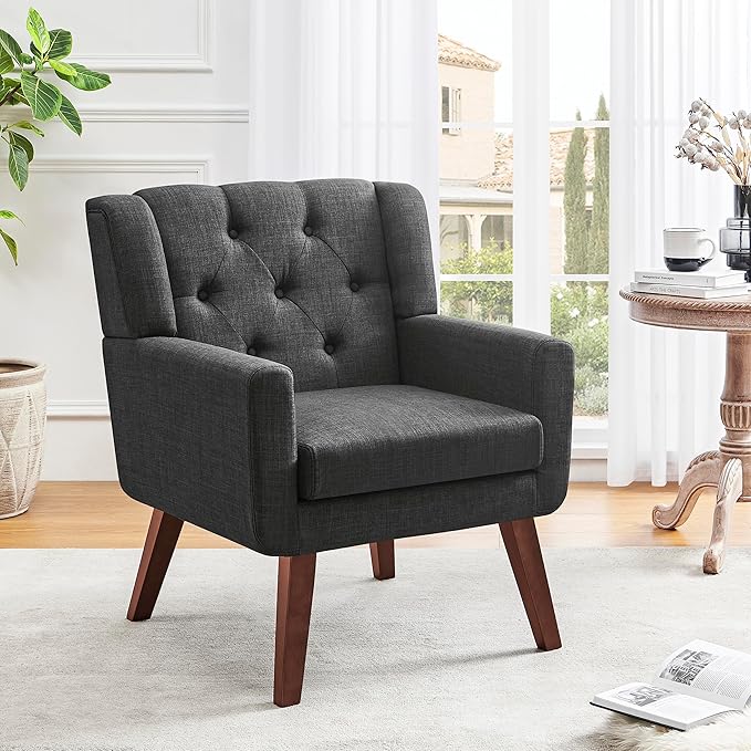 Accent Chair Button-Tufted Upholstered Living Room Chairs Comfy Reading Chair Mid Century Modern Chair with Linen Fabric Lounge Arm Chairs for Living Room Bedroom (Dark Grey)