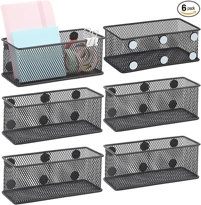 EASEPRES Magnetic Pencil Holder Set of 6 - Black Wire Mesh Storage Baskets Organizer with Strong Magnets - Perfect for Whiteboard, Refrigerator and Locker Accessories