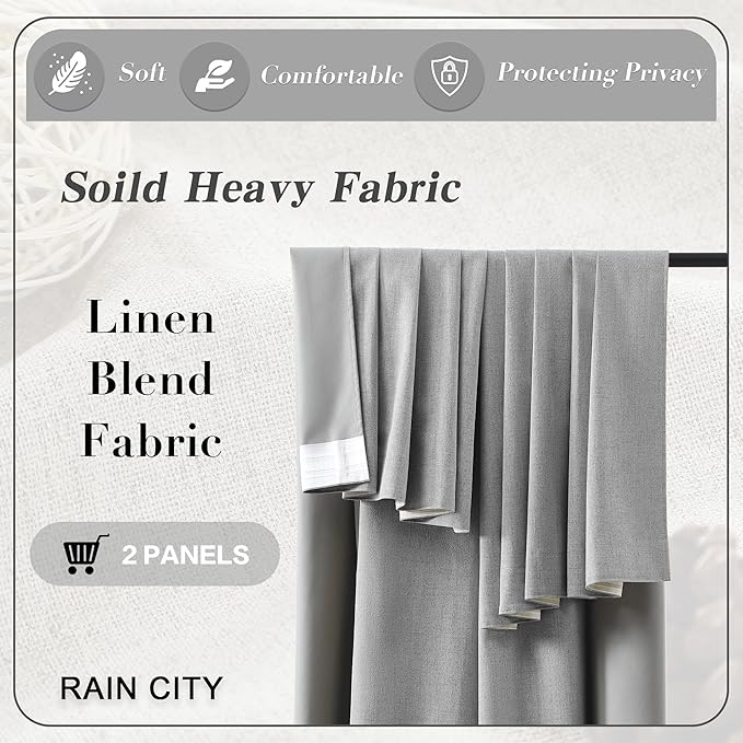 RAIN CITY Grey Blackout Curtains&Drapes 104 Inch Long, Back Tab Pinch Pleated Look Draperies with Hooks Thermal Curtains for High Living Room Sliding Door 50 Wide Set of 2