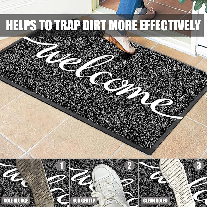 Front Door Mat - Non Slip, Durable Welcome Mat for High Traffic Areas (36"x24" Black)