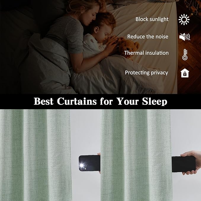 RAIN CITY Light Green Linen Blackout Curtains 72 Inch Long for Living Room,2 Panels Pinch Pleated Drape with Hooks Back Tab Boho Decor, Textured Full Black Out Curtains for Bedroom 50 x 72