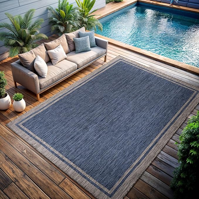 CAMILSON Outdoor Rug, 8x10 Bordered Navy Blue Gray Modern Area Rugs for Indoor and Outdoor Patios, Porches Waterproof Washable Porch Deck Outside Carpet (Bordered Navy, 8 x 10)