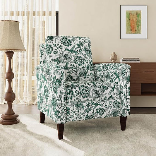 Floral Accent Chair, High Back Upholstered Armchair with Solid Wooden Legs, Padded Armrest and Removable Comfortable Cushioned Seat Single Sofa for Living Room, Bedroom, Green