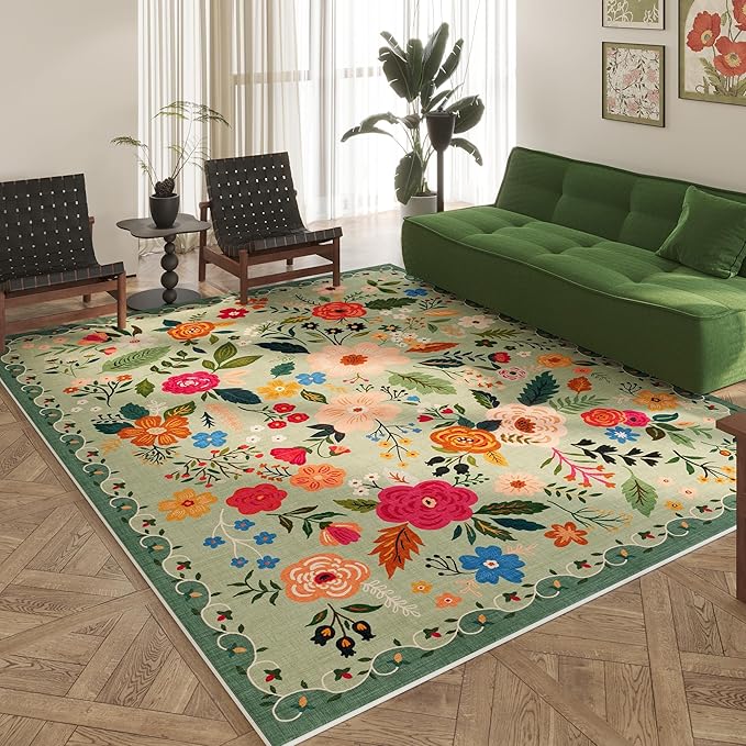 Area Rugs 8x10 Rug for Living Room Clearance Washable Boho Area Rug Non Slip Floral Vintage Low Pile Large Rug for Living Room, Bedroom, Farmhouse, Dining Room, Kids Playroom(Green)
