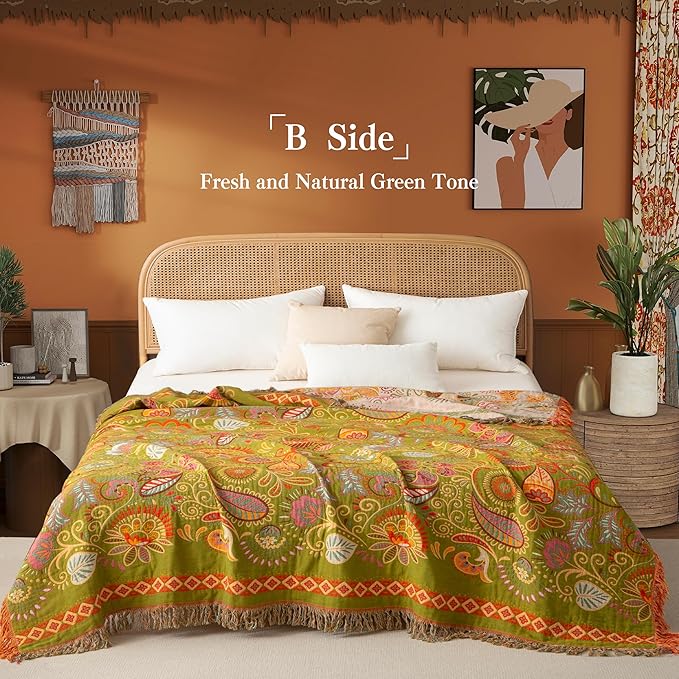 Boho Throw Blanket Full Size, Extra Large Soft Cozy Cotton Muslin Quilt Blanket for Bed Decor, Floral Patterned Couch Sofa Chair Cover, Vintage Farmhouse Cottage Woven Blanket, Coral&Green