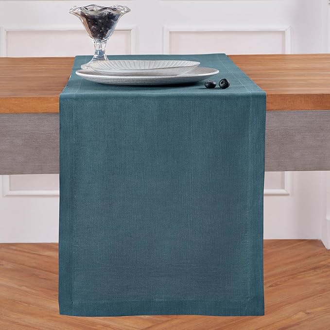 Solino Home Linen Table Runner 120 Inches Long - 100% Pure Linen Peacock Blue Table Runner 14 x 120 Inch - Fete