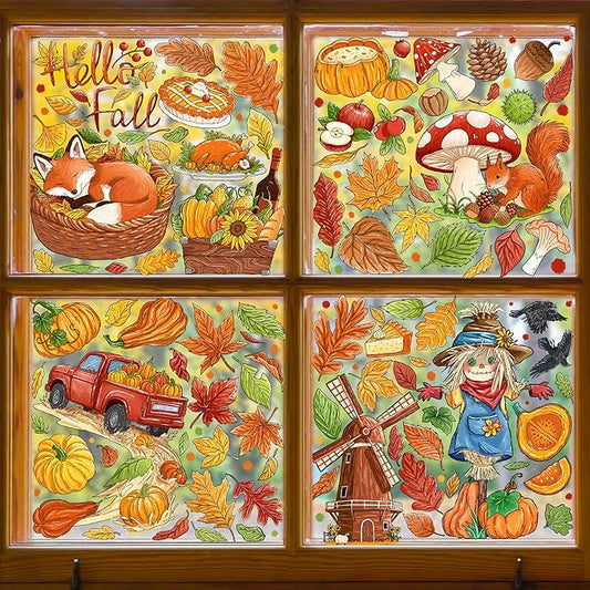 Fall Window Clings Decorations - Leaves Pumpkin Scarecrow Autumn Clings for Glass Windows, Double Sided Reusable Window Stickers, Cute Large Thanksgiving Harvest Window Decals-184 PCS/9 Sheet