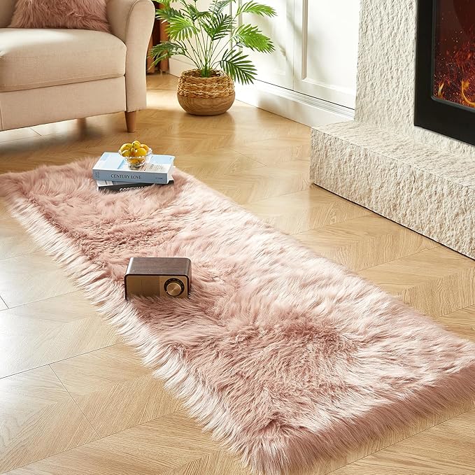 AMTOVO Faux Fur Rug, Pink Ultra Soft Fluffy Shag Sheepskin Rug, 2 x 6 ft Runner Area Rugs for Bedroom Sofa Throw Cushion Room Decor, Rectangle