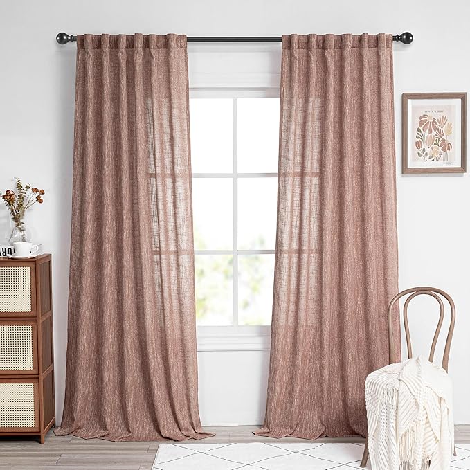 MYSKY HOME Ceiling Curtains for Living Room, Soft Cotton Curtain Polyester Blend Semi Sheers Light Filtering Window Treatments Decor Back Tab Top Panel, 50" x 95", Brick Red, 2 PCs