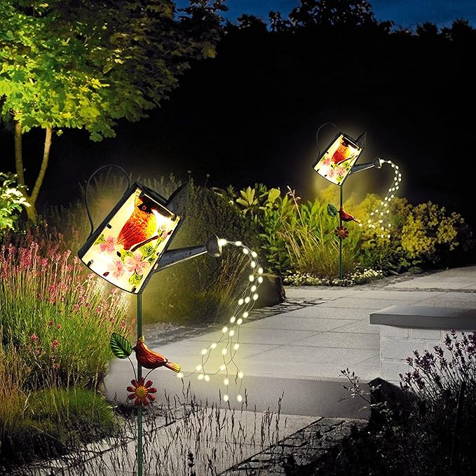 Garden Solar Lights Outdoor, Metal Watering Can Garden Stake Lights Cardinal Bird Decor Glass Art for Walkway, Pathway, Yard, Lawn