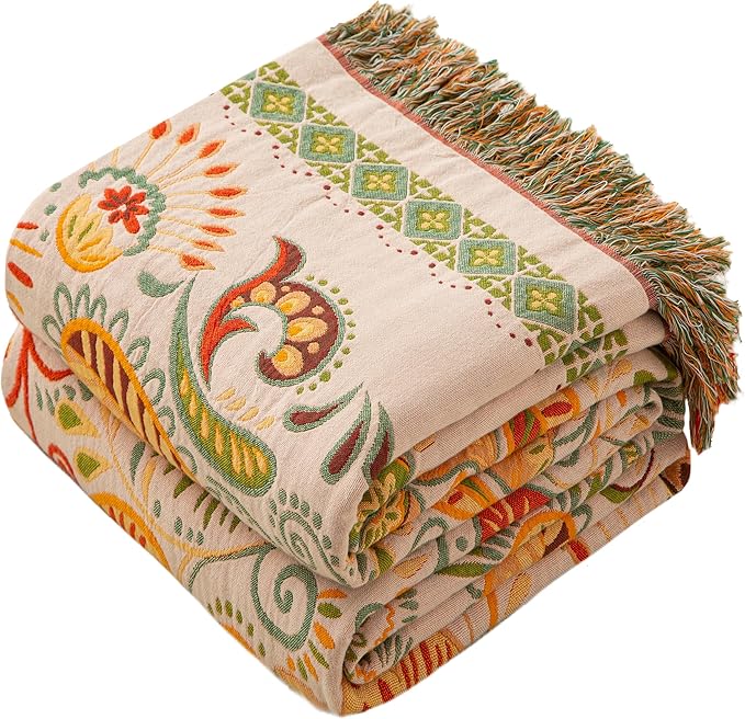 Boho Throw Blanket Full Size, Extra Large Soft Cozy Cotton Muslin Quilt Blanket for Bed Decor, Floral Patterned Couch Sofa Chair Cover, Vintage Farmhouse Cottage Woven Blanket, Coral&Green