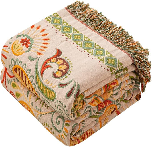 Boho Throw Blanket Full Size, Extra Large Soft Cozy Cotton Muslin Quilt Blanket for Bed Decor, Floral Patterned Couch Sofa Chair Cover, Vintage Farmhouse Cottage Woven Blanket, Coral&Green