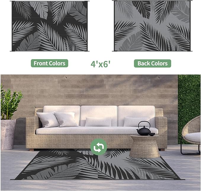 GENIMO Outdoor Rug 4' x 6' Waterproof for Patios Clearance, Reversible Outdoor Plastic Straw Camping Rug Carpet, Large Area Rugs Mats for RV, Camper, Deck, Balcony, Porch, Beach, Picnic, Black&Grey