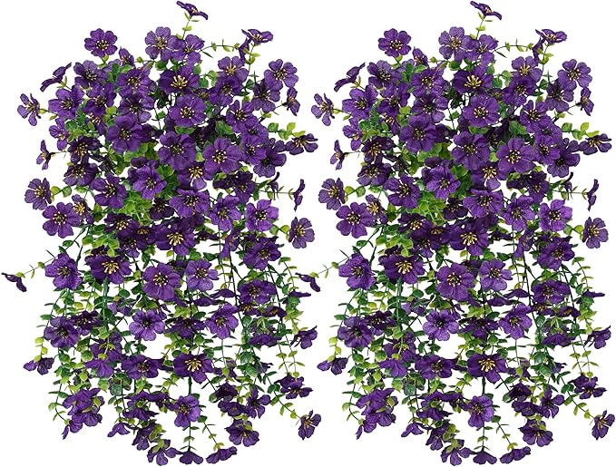 Artificial Faux Hanging Flowers Plants for Spring Outdoor Outside Decoration, 2 PCS Fake Silk Daisy with Eucalyptus UV Resistant Realistic Trailing Vines for Balcony Patio Porch (Dark Purple)