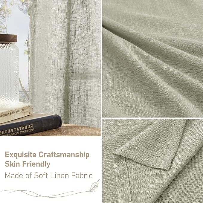 LAMIT Sage Grey Sheer Linen Curtains 54 Inch Length for Bedroom, Bronze Grommet Light Filtering Panels Neutral Drapes for Living Room/Window, 2 Panels Set, 52 x 54 Inch
