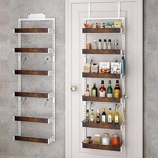bukfen Over the Door Pantry Organizer, 6-Tier Adjustable Wooden Basket Kitchen Pantry Door Organization and Storage, Heavy-Duty Metal Hanging Kitchen Spice Rack,D6.3 x W17.71 x H50.60 inch,White