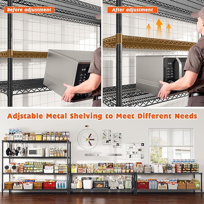 REIBII 60" W Storage Shelves 2878LBS Wire Shelving Unit with Wheels Heavy Duty Metal Shelving Adjustable Metal Shelves for Pantry,Kitchen,Garage,Basement,Business,Warehouse,60”W ×24”D×65.3”H