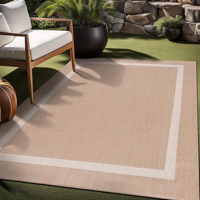 Bordered Outdoor Rug 6x9 Washable Outside Carpet for Indoor Patio Porch Waterproof Easy Cleaning Non Shedding Area Rugs Beige 6 x 9