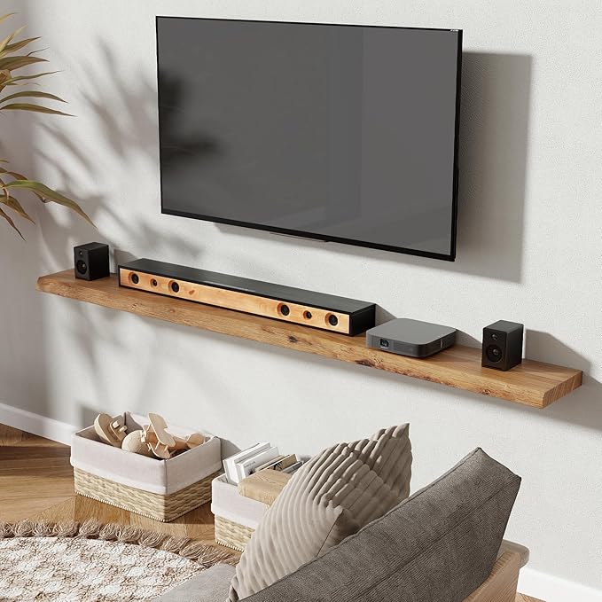 72" Floating Shelves, Live Edge Elm Wood Floating Shelf for Wall, Wall-Mounted Display Shelves with Invisible Heavy-Duty Bracket, Long Floating Shelf for Bathroom, Kitchen, Living Room, Natural Color
