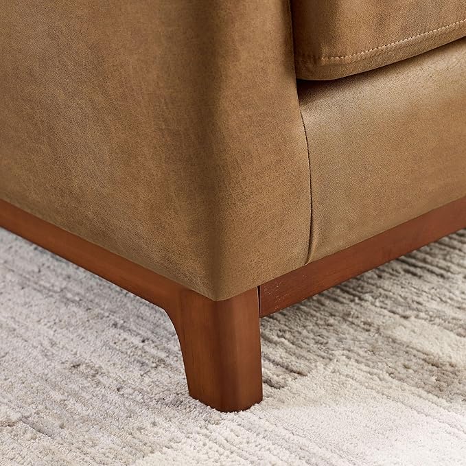 Extra Deep Accent Chair, Comfy Fabric Armchair with Wood Base, Upholstered Single Sofa Chair for Living Room & Bedroom, Faux Leather Brown