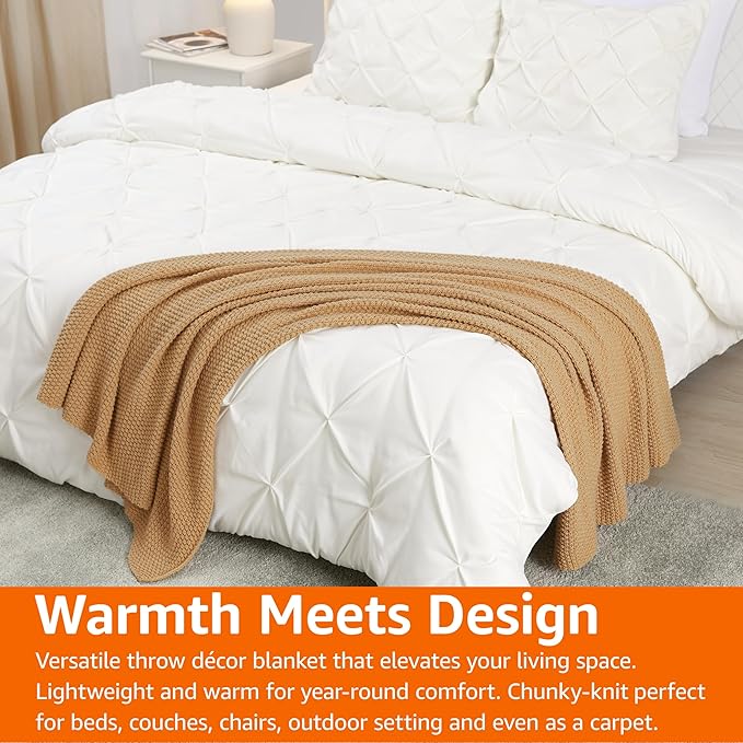 Amazon Basics Chunky Cable Knit Throw Blanket for Couch, Sofa, Bed, Lightweight Soft Cozy, Sand, 50"x 60"