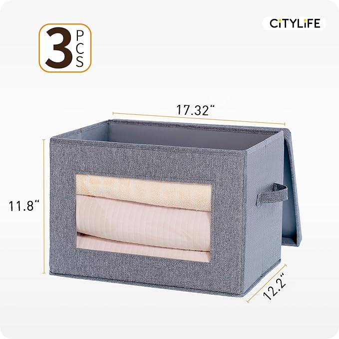 Citylife 3-Pack Collapsible Storage Bins with Lids, Linen Fabric Foldable Storage Boxes, Cube Closet Organization for Clothes, Blankets and Books, Gray
