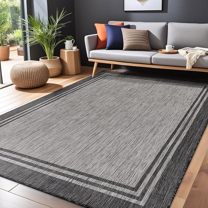 Bordered Outdoor Rug 9x12 Washable Outside Carpet for Indoor Patio Porch Waterproof Easy Cleaning Non Shedding Area Rugs Dark Gray 9 x 12