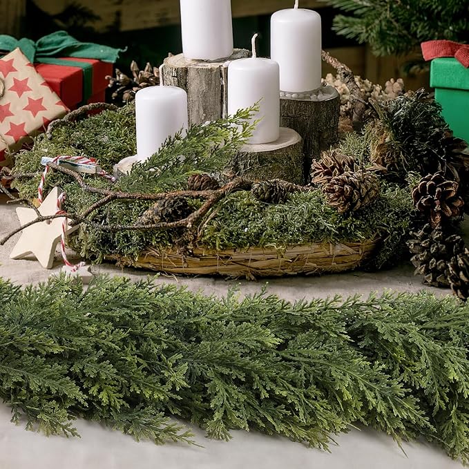 9ft Christmas Cedar Garland with Soft Thickness Pine, Artificial Green Faux Cedar Pine Garland for Mantle Fireplace Indoor Outdoor Holiday Party Home Decoration（2 Pcs）