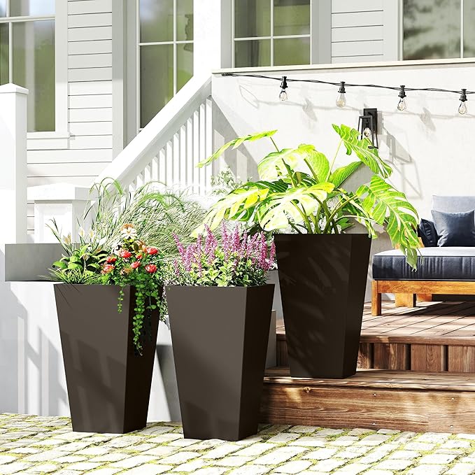 Outsunny Tall Planters for Outdoor Plants Set of 3, 28 in Taper Planters with Drainage Holes, Indoor Grande Plant Pots, Front Porch Decor, Brown
