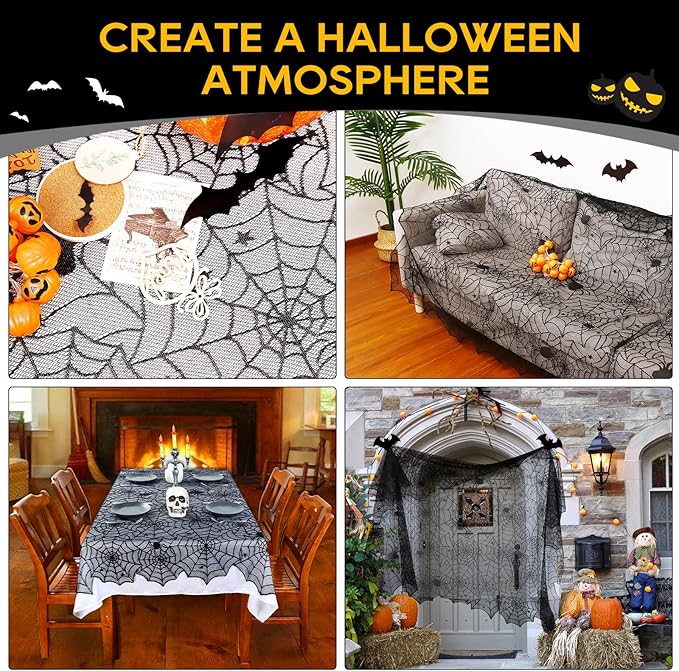 eZAKKA Halloween Table Cloth, 54" x 72" Spider Webs Tablecloths Black Tablecloth Lace Fabric Table Cloths Spooky Cover