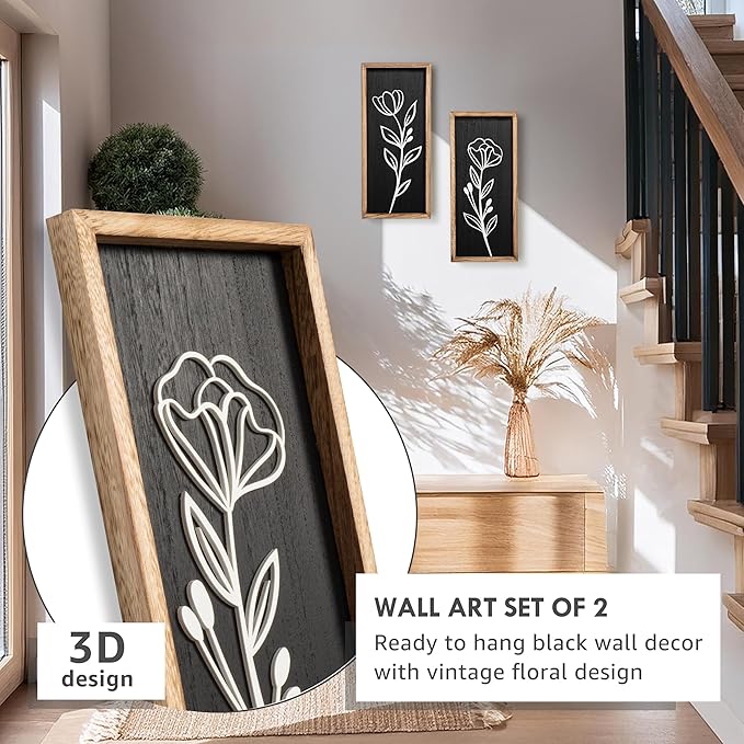 3D Vintage Black Living Room Decor (Set of 2) Lightweight, Wooden Ready-to-Hang Framed Moody Floral Wall Art for Bathroom, Bedroom or Office - Dark Textured Boho Farmhouse Wall Decor - Gift-Boxed