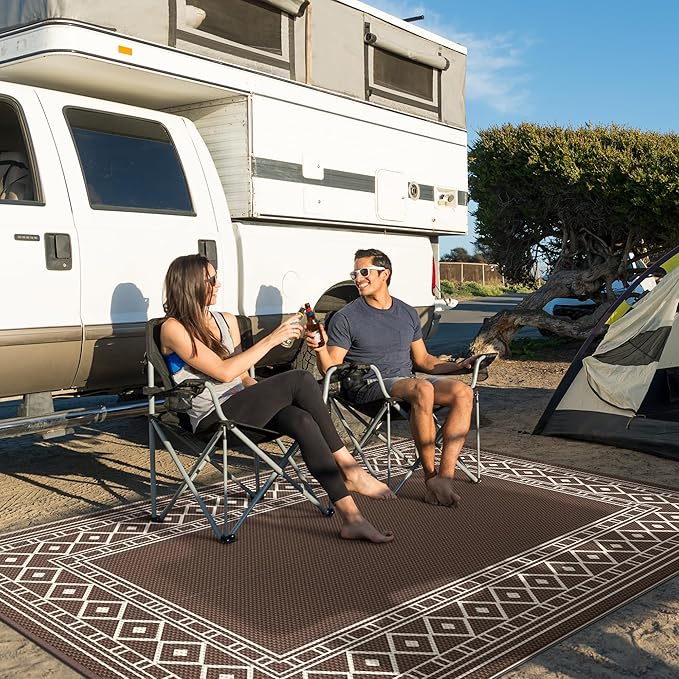 GENIMO Outdoor Rug Waterproof for Patio Decor, 6'x9' Foldable Reversible Plastic Straw Carpet for Travel Trailers, Outside Area Mat for Rv, Deck, Picnic, Porch, Camper, Balcony, Beach, Coffee & Beige