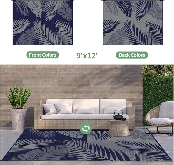 GENIMO Outdoor Rug 9' x 12' Waterproof for Patios Clearance, Reversible Outdoor Plastic Straw Camping Rug Carpet, Large Area Rugs Mats for RV, Camper, Deck, Balcony, Porch, Beach, Navy Blue&Grey
